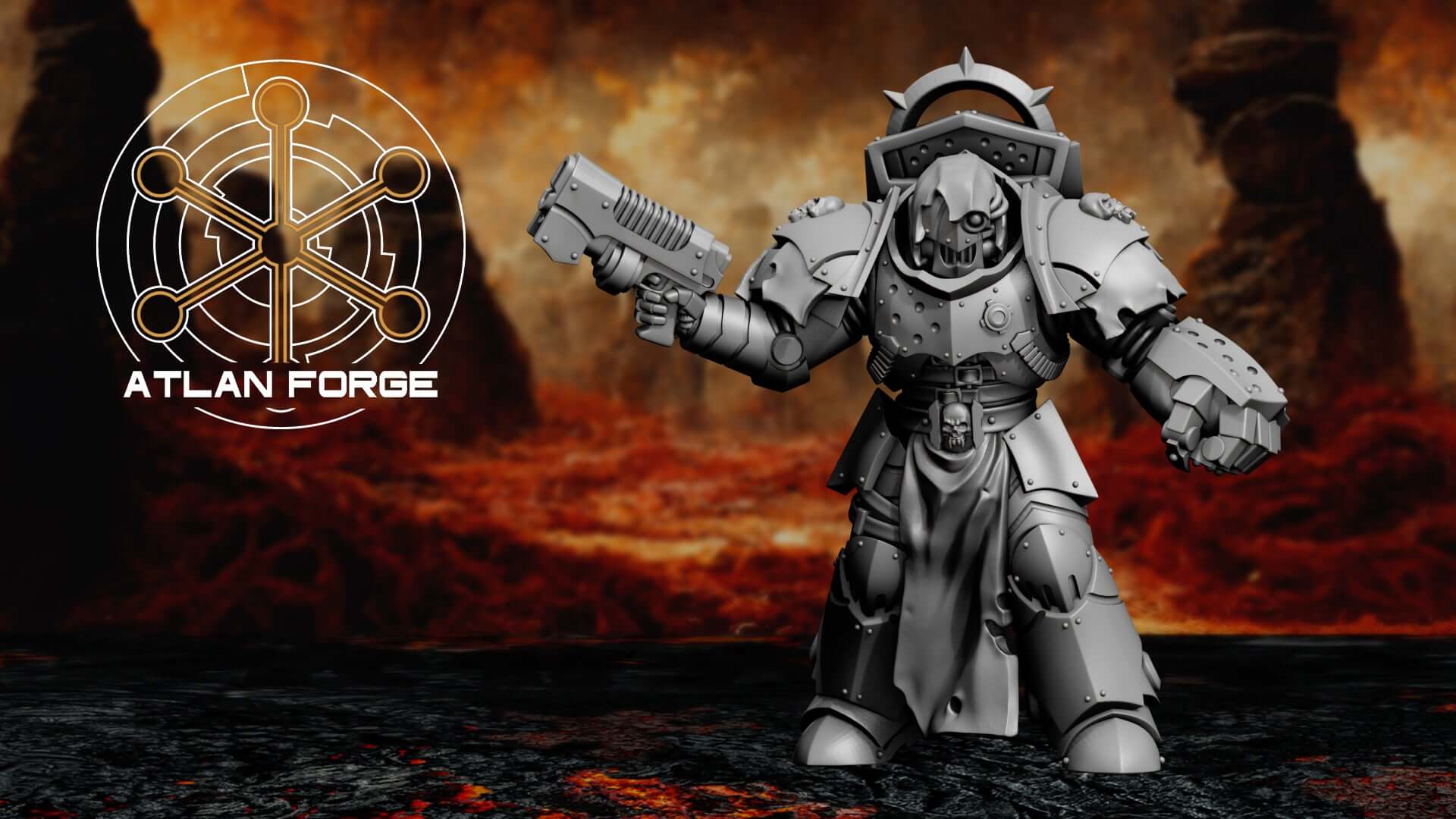 Five gothic sci-fi vampire hunter warriors in heavy spiked armour with swords and claws, standing on a dark volcanic battlefield.