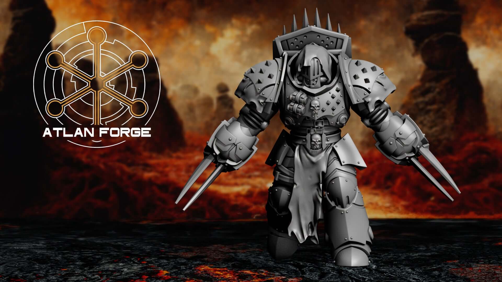 Five gothic sci-fi vampire hunter warriors in heavy spiked armour with swords and claws, standing on a dark volcanic battlefield.