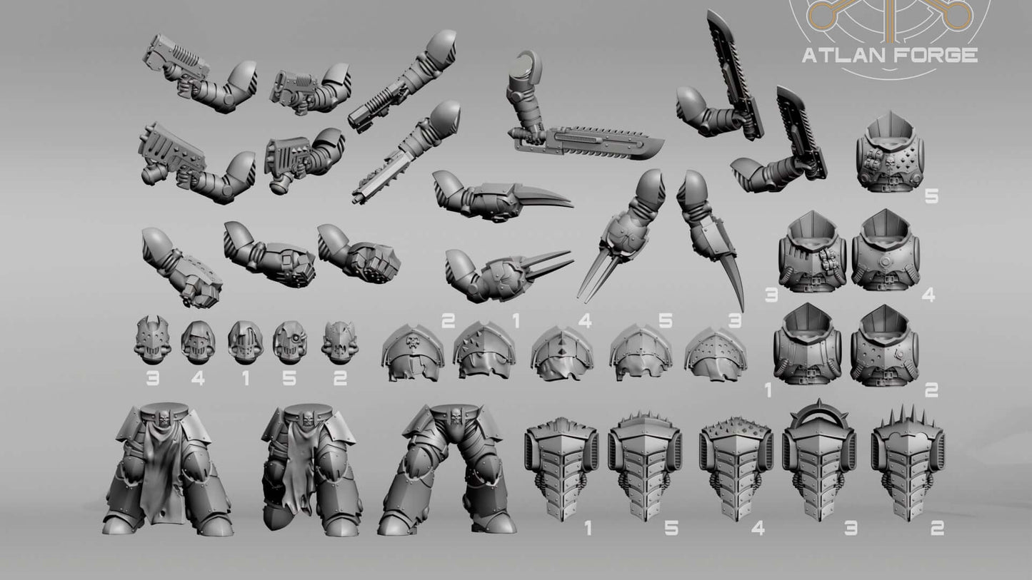 Five gothic sci-fi vampire hunter warriors in heavy spiked armour with swords and claws, standing on a dark volcanic battlefield.