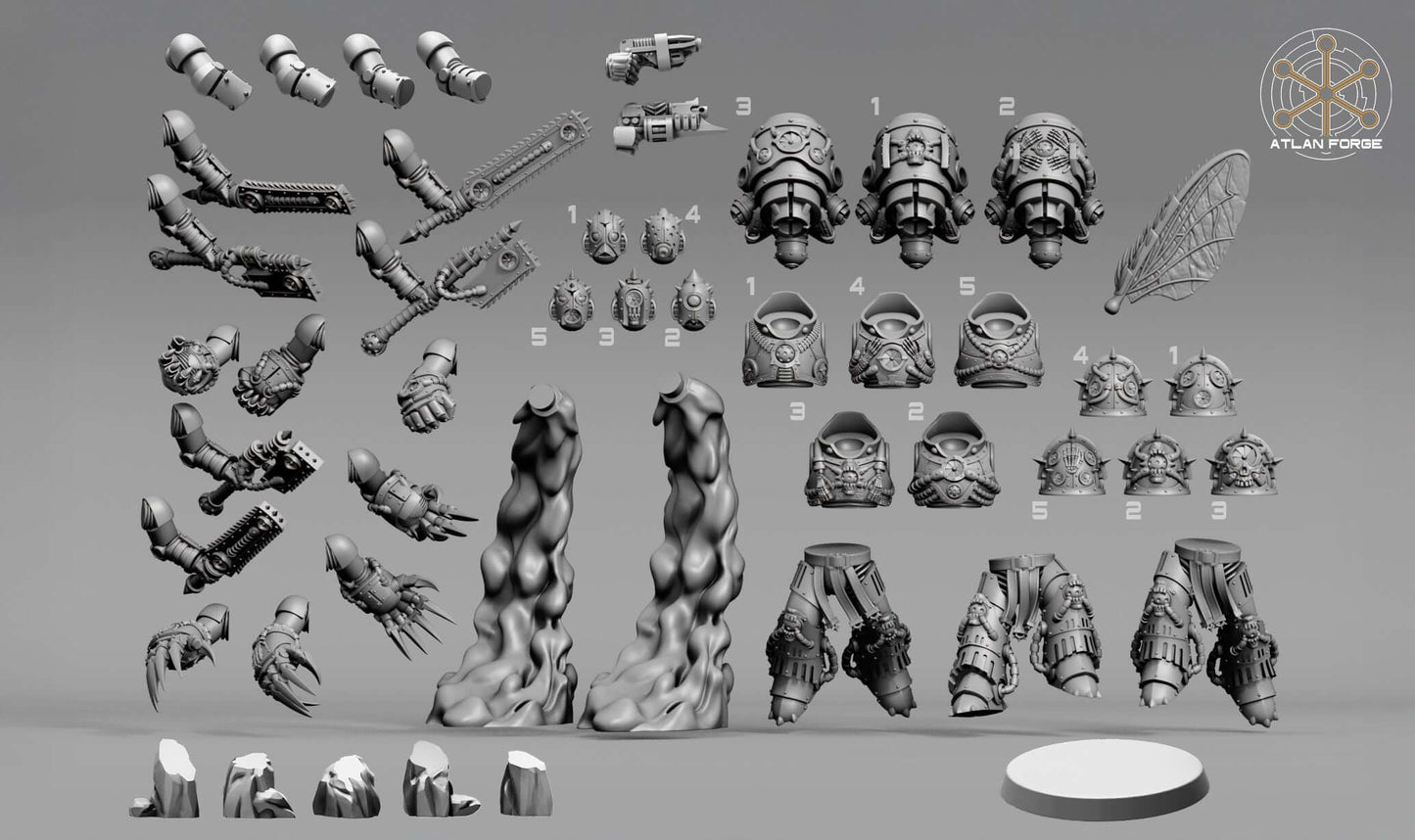 Diseased Mortis Alae Putris (Wings of Rot) — squad of 5 unpainted resin plague marines with insectoid wings, turbine helms, and corroded weapons
