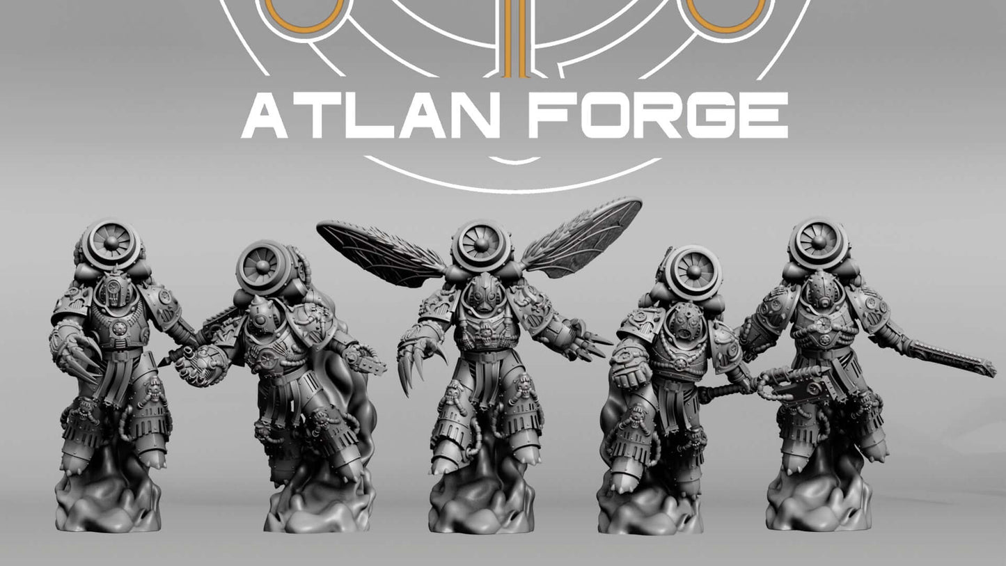 Diseased Mortis Alae Putris (Wings of Rot) — squad of 5 unpainted resin plague marines with insectoid wings, turbine helms, and corroded weapons
