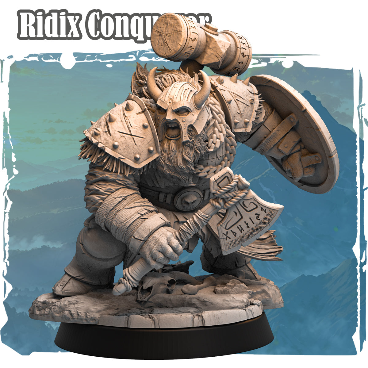 Forgotten Champions Ridix Conqueror dwarf fighter resin miniature wielding runed greataxe and maul with horned helmet and spiked armour on scenic 50mm base