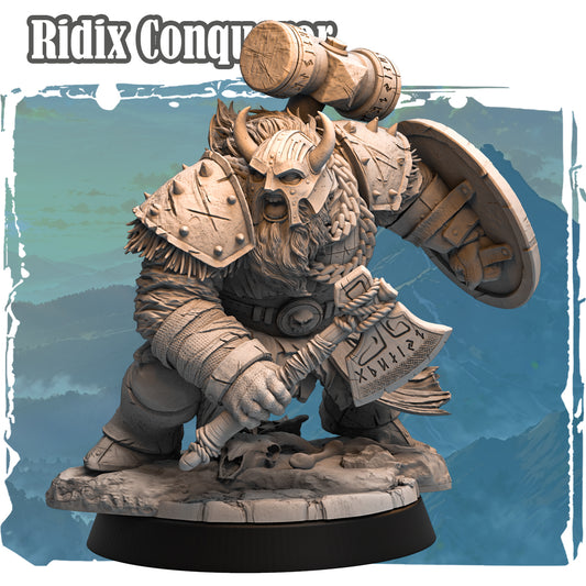 Ridix Conqueror dwarf fighter resin miniature with runic axe hammer and shield