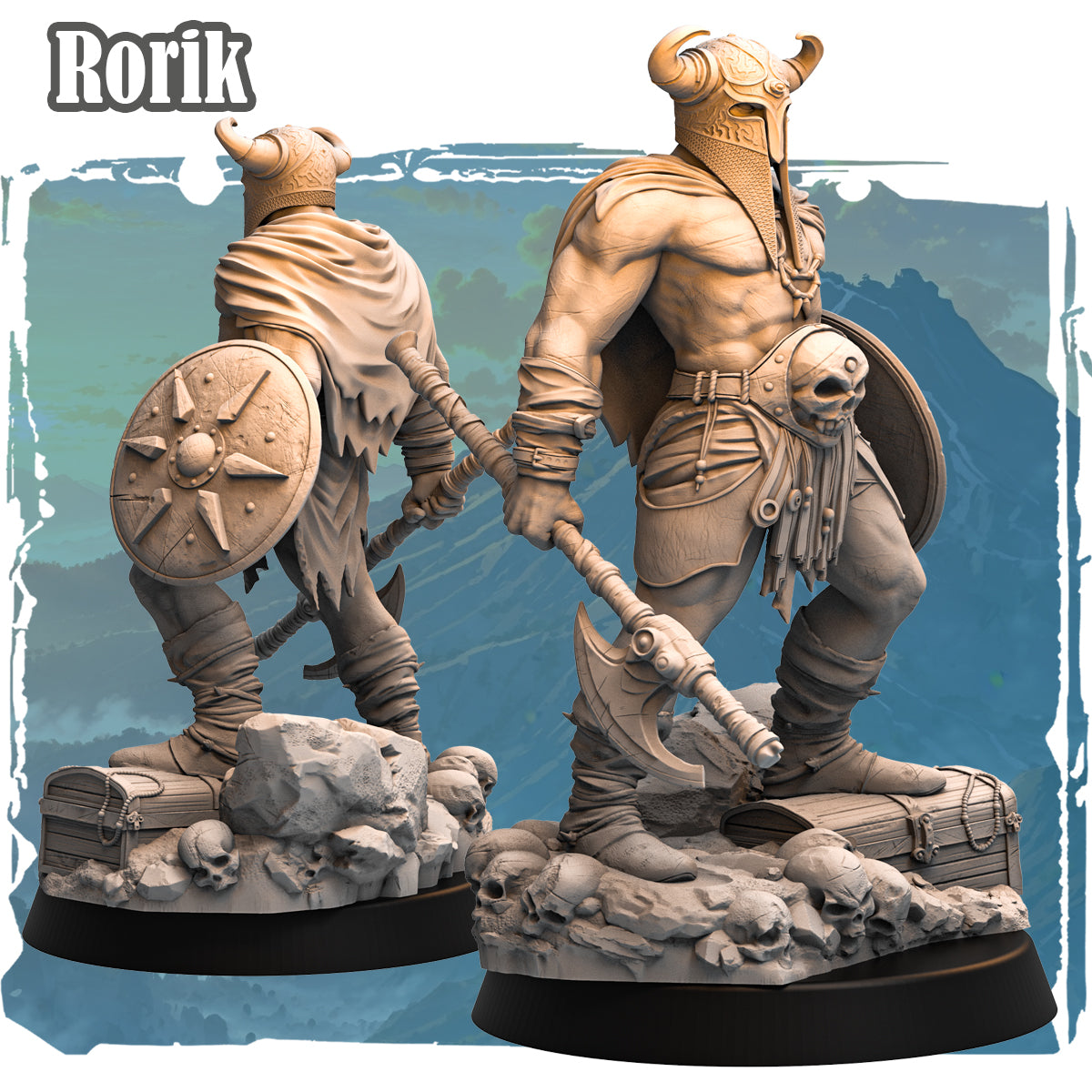 Forgotten Champions Rorik Ironveil Human Barbarian 32mm resin miniature with horned helm crescent axe and round shield on skull scatter base
