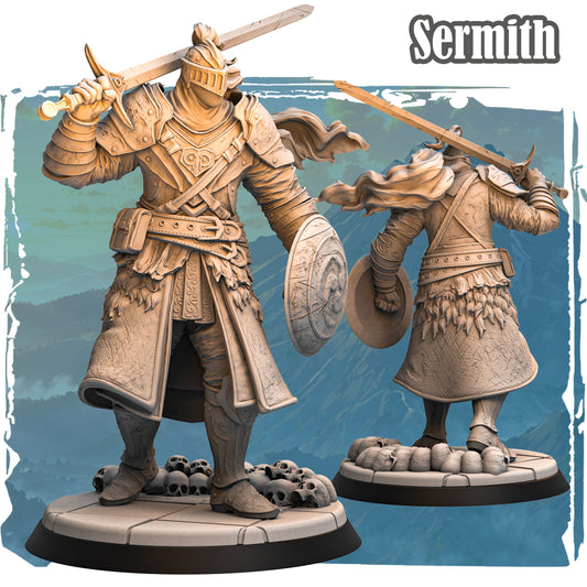 Sermith the Guardian Giant resin miniature front and rear view showing full plate armour, raised sword, shield, and skull base