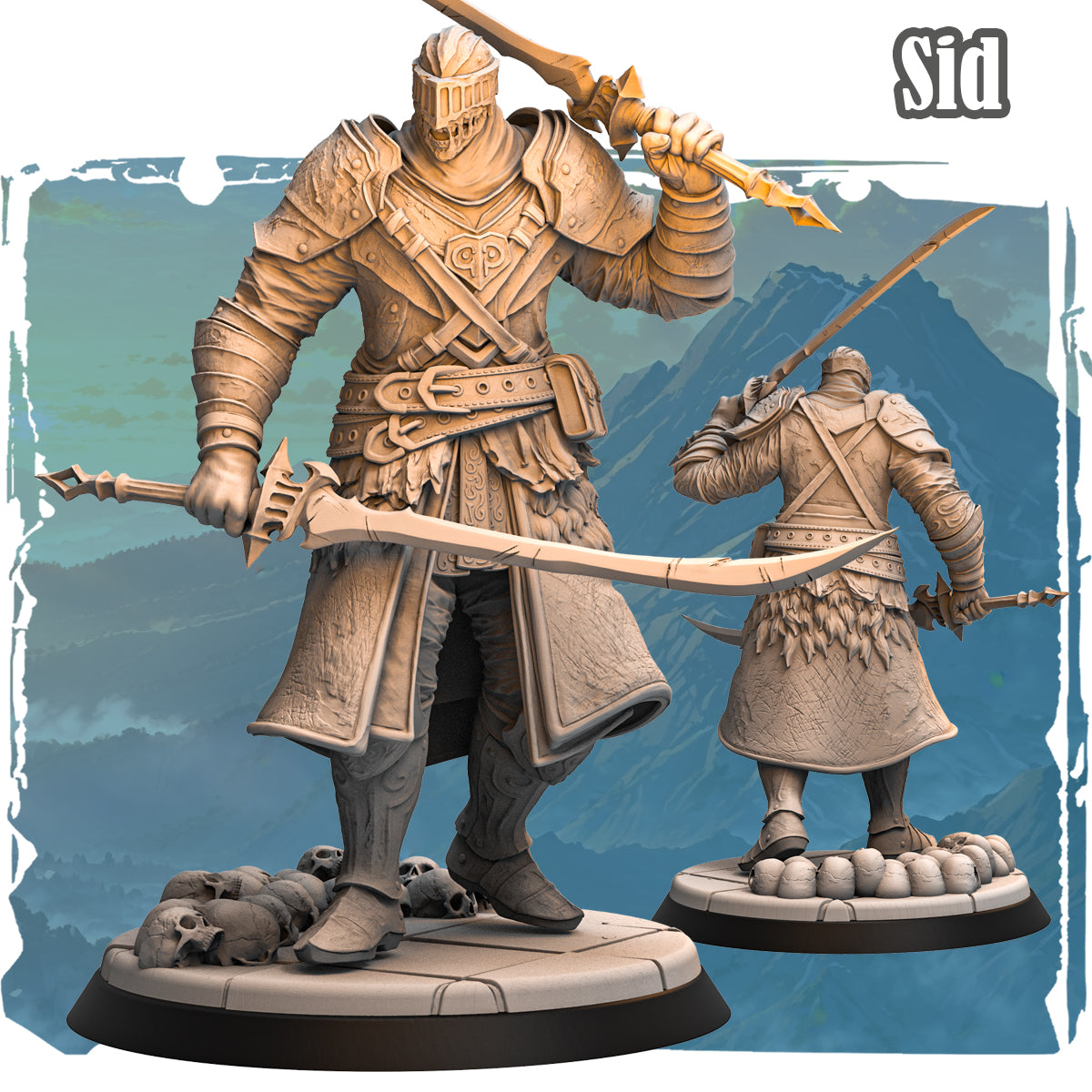 Forgotten Champions miniature Sid the Guardian Giant front and back view showing dual weapons skull base and ornate armour detail