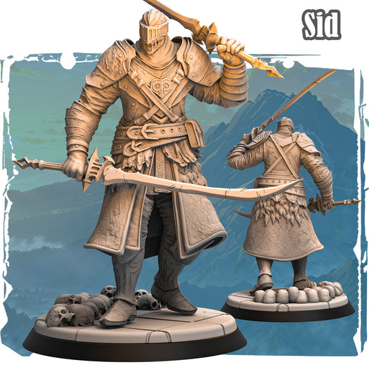 Sid the Guardian giant armoured warrior miniature with blade and polearm, front and rear views