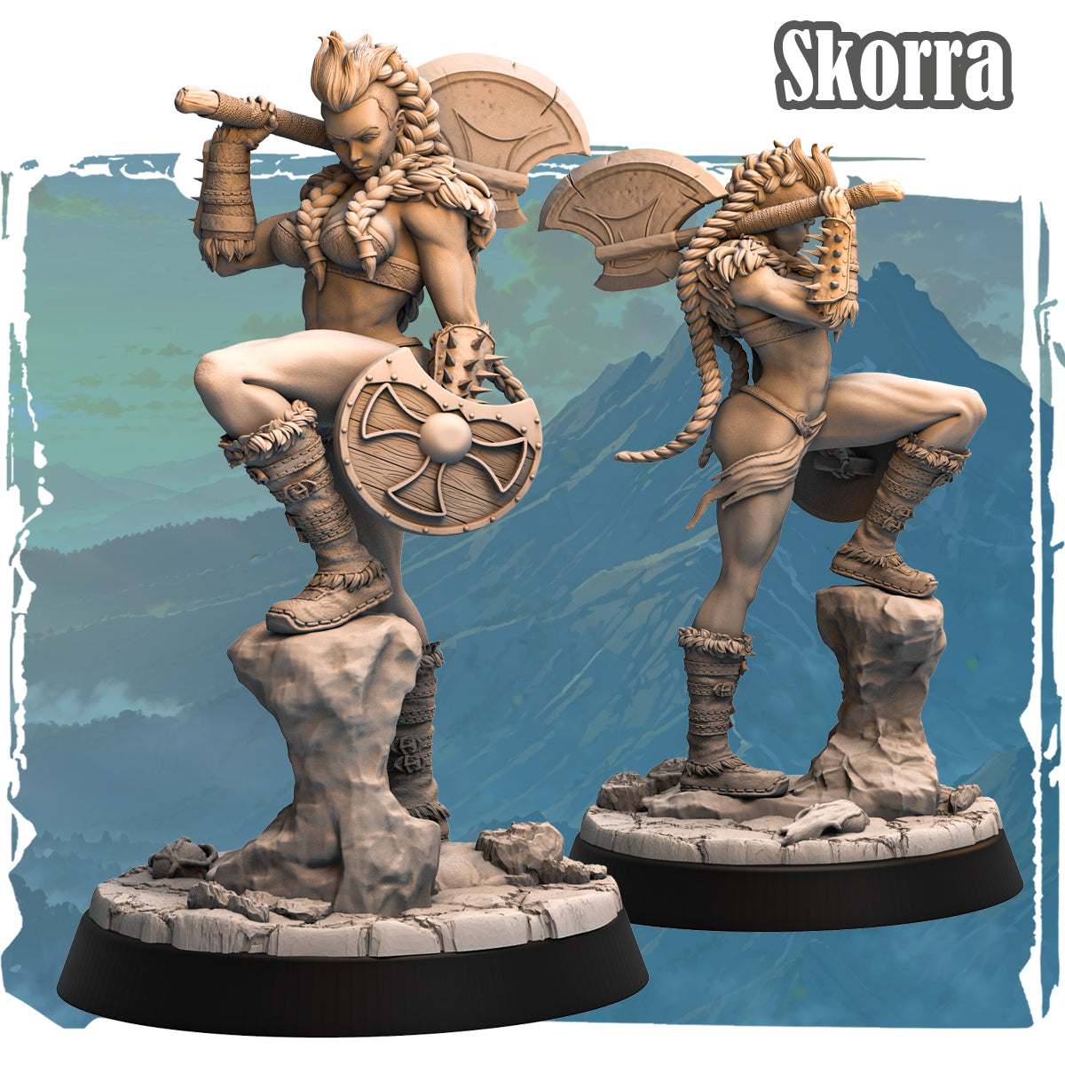 Forgotten Champions Skorra Bloodfist Human Barbarian 32mm resin miniature by Haito, front and back view showing battle axe, spiked shield and braided hair