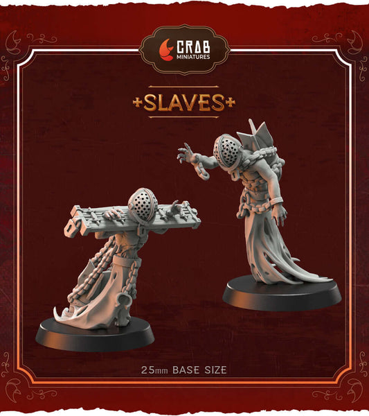 Grimdark Crusade miniatures of Slaves by Crab Miniatures on 25mm bases, showcasing gothic horror wargame figures in grey resin.