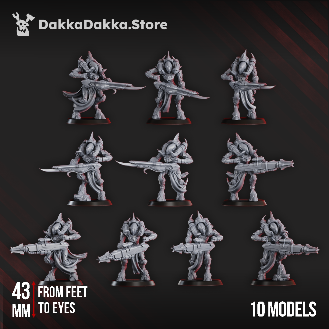 Ten gothic sci-fi space elf warriors in smooth armour with energy rifles and blades, standing ready for battle on dark bases.