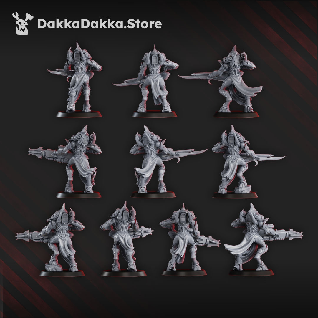 Ten gothic sci-fi space elf warriors in smooth armour with energy rifles and blades, standing ready for battle on dark bases.
