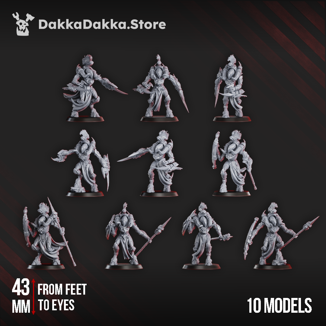 Gothic sci-fi space elf warriors in heavy armour with bladed weapons, adorned with pelts, teeth, and bone, ready for close combat.