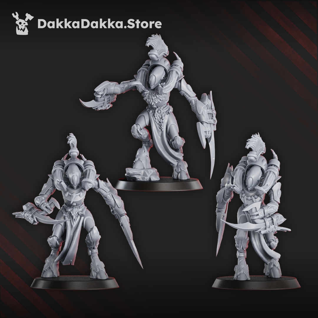 Gothic sci-fi space elf warriors in heavy armour with bladed weapons, adorned with pelts, teeth, and bone, ready for close combat.