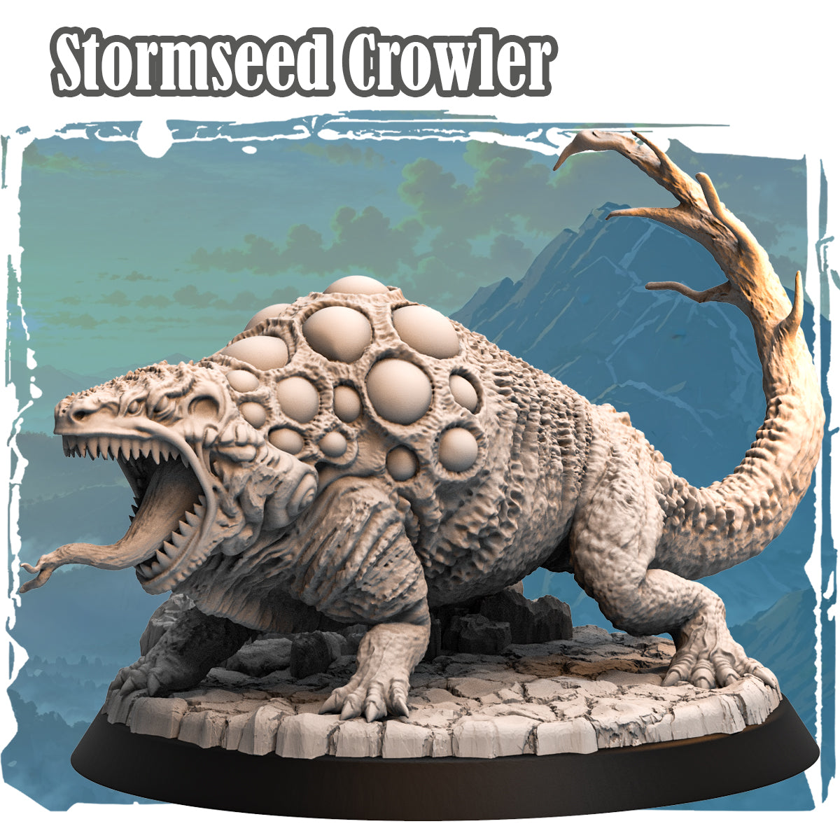 Forgotten Champions Stormseed Crowler Monster miniature, a large reptilian creature with seed pod armour, open fanged jaws and a barbed tail, sculpted by Haito on a rocky 75mm round base