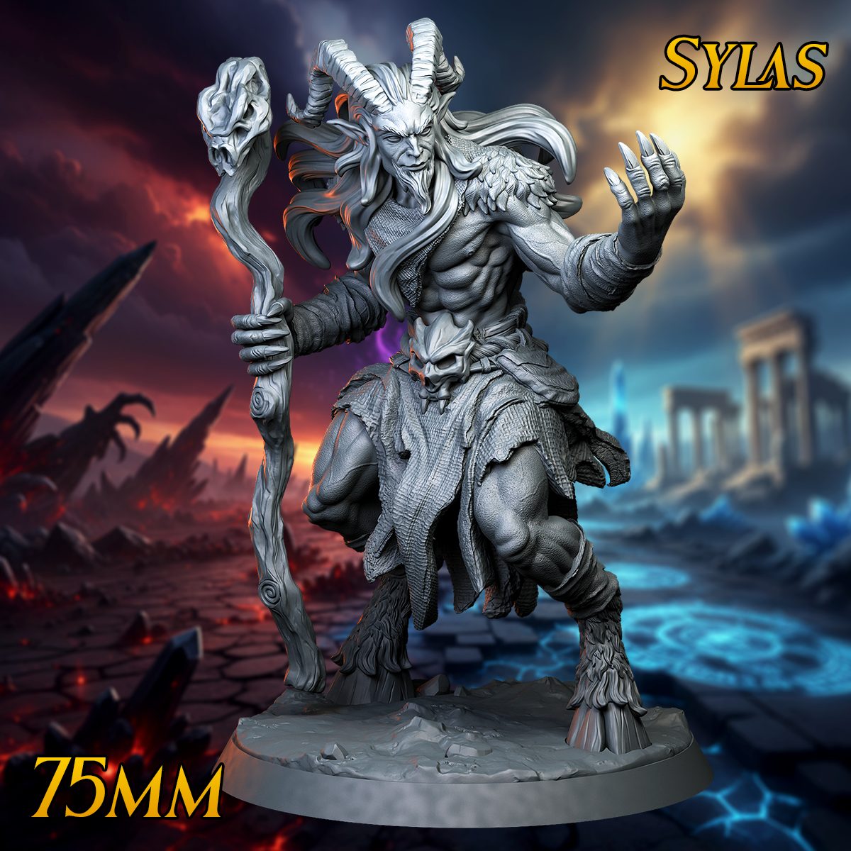 Sylas 75mm resin miniature, front view, horned demon warlock with skull staff and clawed hand raised