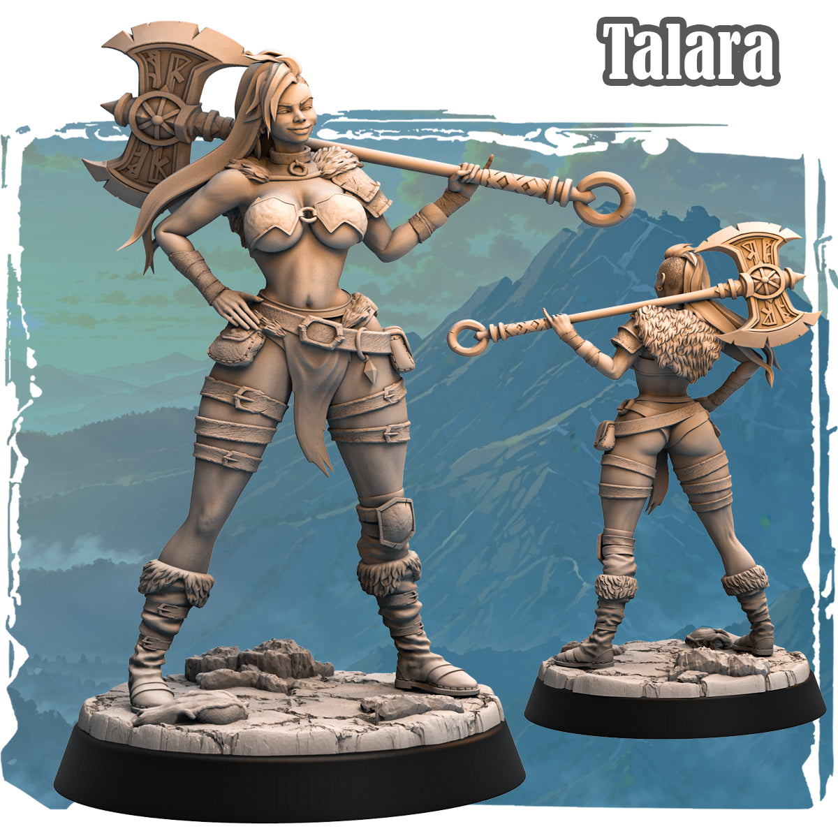 Forgotten Champions Talara Human Barbarian 32mm resin miniature front and rear view with double-headed greataxe sculpted by Haito