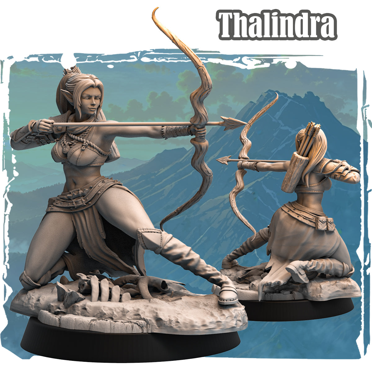 Forgotten Champions Thalindra Elf Archer 32mm resin miniature by Haito, female elf drawing a longbow on a scenic bone-strewn base, unpainted grey resin