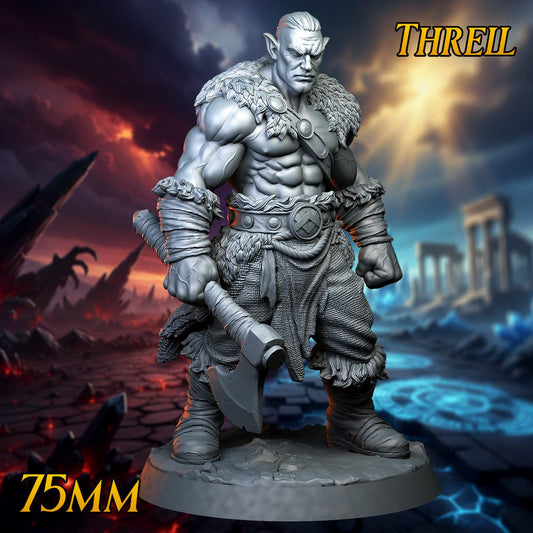 Threll 75mm orc barbarian resin miniature by Print Fantasy, front view, holding axe, unpainted grey resin