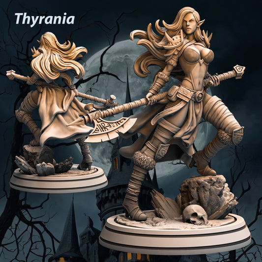 75mm fantasy pinup figurine of Thyrania, showcasing her elven elegance and fierce stance with an axe.