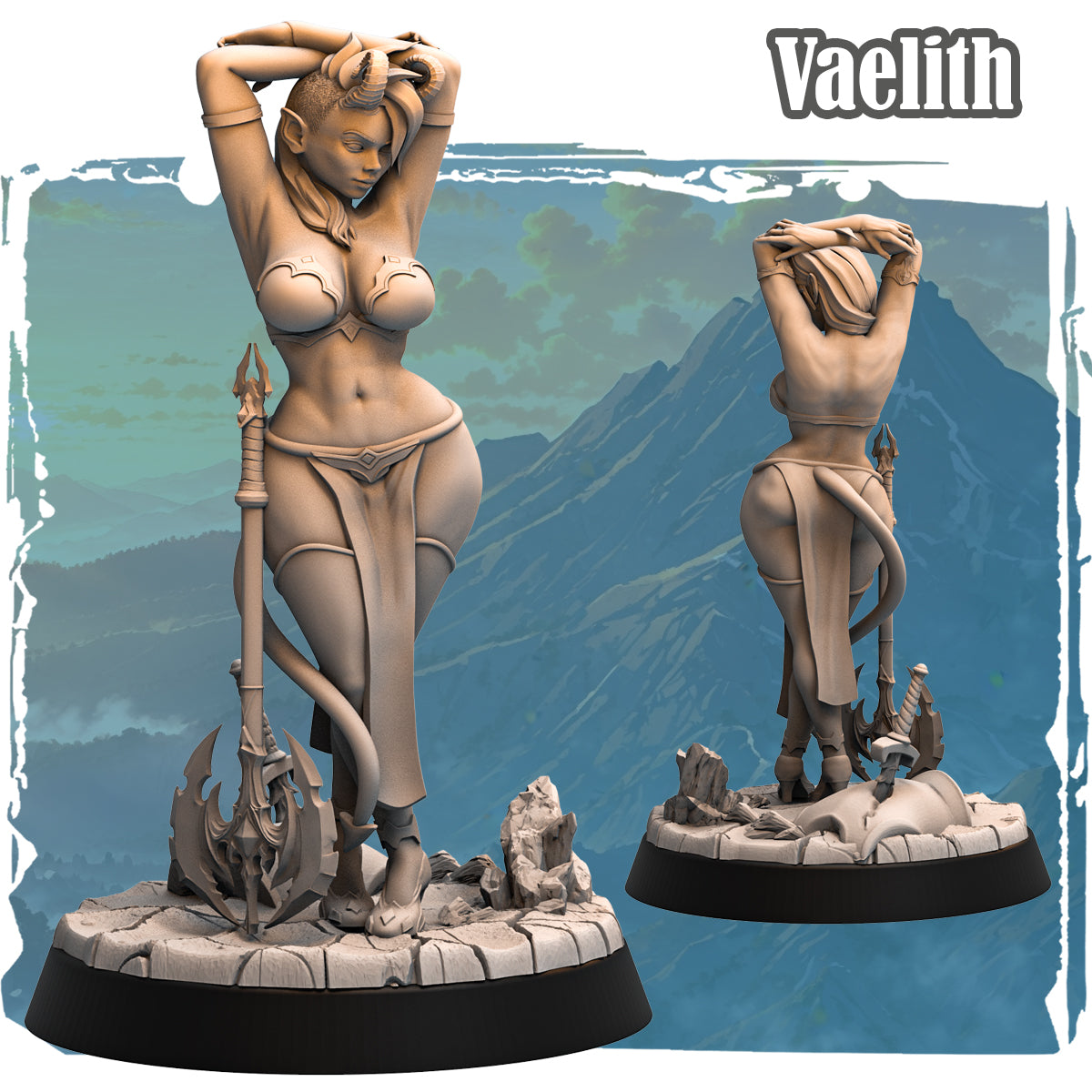 Forgotten Champions Vaelith Tiefling Oracle 75mm resin miniature front and back view showing horns, ornate halberd, scenic stone base sculpted by Haito