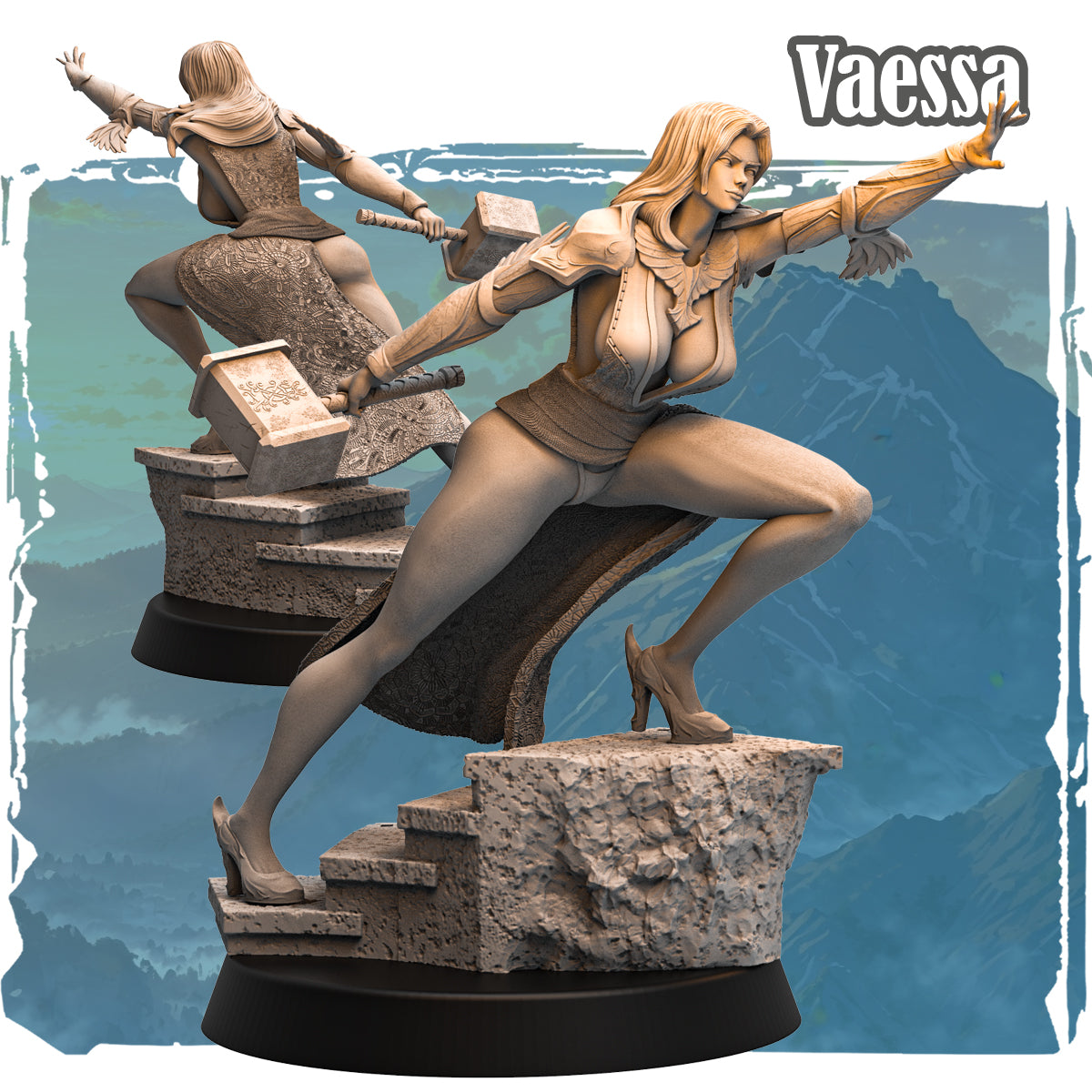 Forgotten Champions Vaessa Iron Verdict Human Paladin resin miniature wielding ornate warhammer on scenic stone steps base, front and rear view