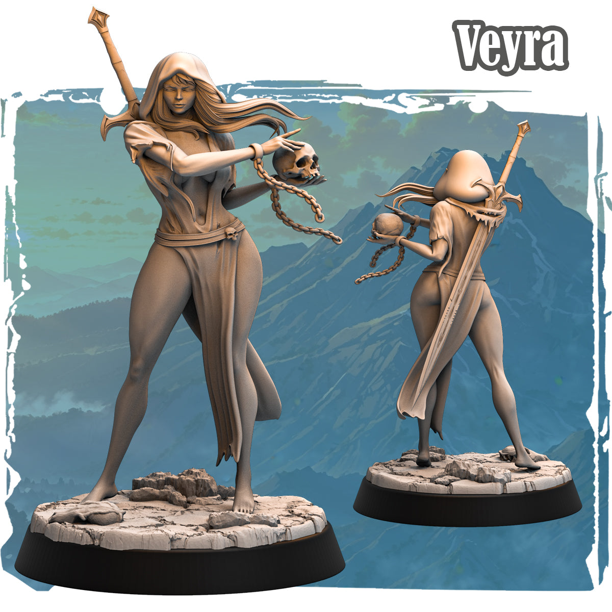 Forgotten Champions Veyra Human Necromancer 32mm resin miniature holding chained skull with sword on back, front and rear views
