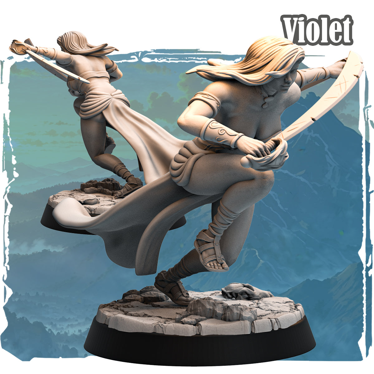 Forgotten Champions Violet Human Assassin 32mm resin miniature by Haito, female figure in dynamic dual-blade leaping pose on scenic rubble base