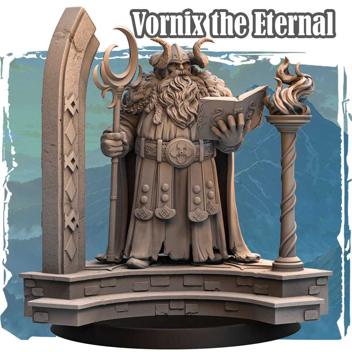 Forgotten Champions Vornix the Eternal Dwarf Mage resin miniature sculpted by Haito, 32mm scale, holding crescent staff and open tome, flanked by runic arch and flame torch column on stone dais