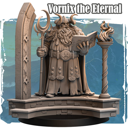 Forgotten Champions Vornix the Eternal Dwarf Mage resin miniature sculpted by Haito, 32mm scale, holding crescent staff and open tome, flanked by runic arch and flame torch column on stone dais
