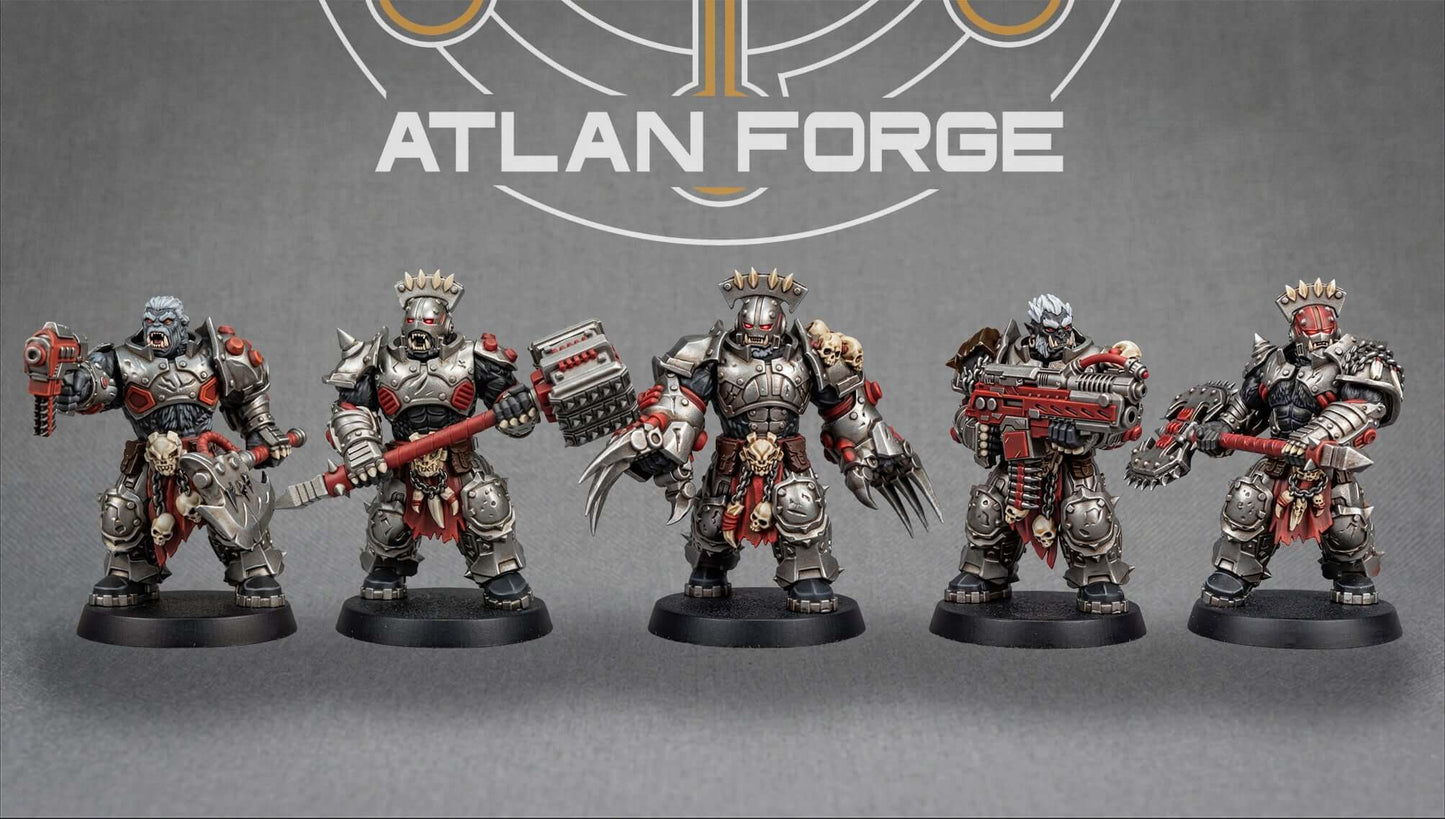Grokk Warborn squad of five heavily armed sci-fi brute warrior resin miniatures with modular magnet-ready weapon options