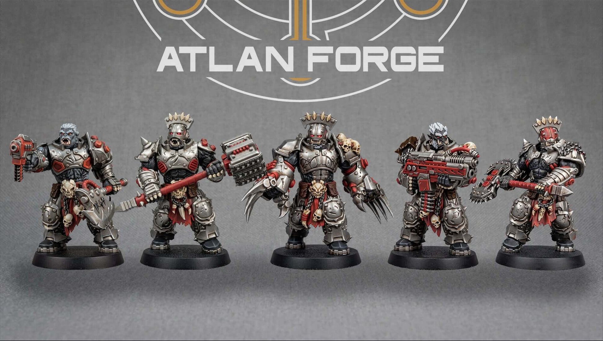 Grokk Warborn squad of five heavily armed sci-fi brute warrior resin miniatures with modular magnet-ready weapon options