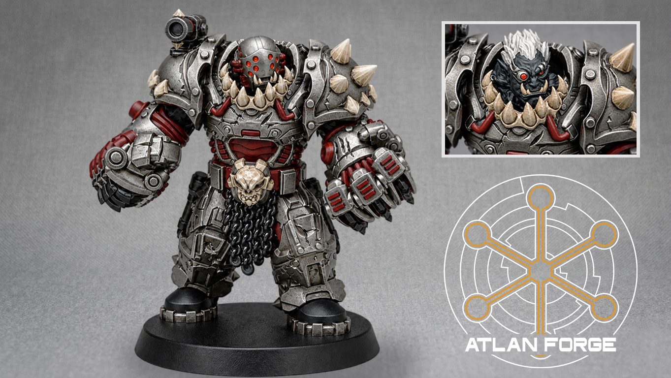Painted Bonebreaker commander close-up showing red eyes, bone tusks and dark grey armour with white hair mohawk