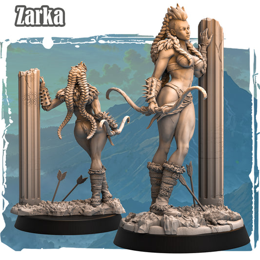 Forgotten Champions Zarka Oakbreaker Human Archer 32mm resin miniature front and back view showing braided hair spiked armour bow and cracked stone base