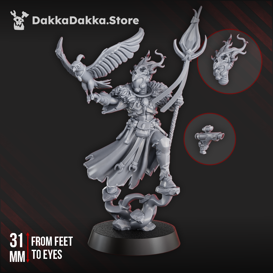Gothic Sci-Fi Space Elf Warlock Zenu the Spirit Holder model with eagle and staff, 31mm from feet to eyes.