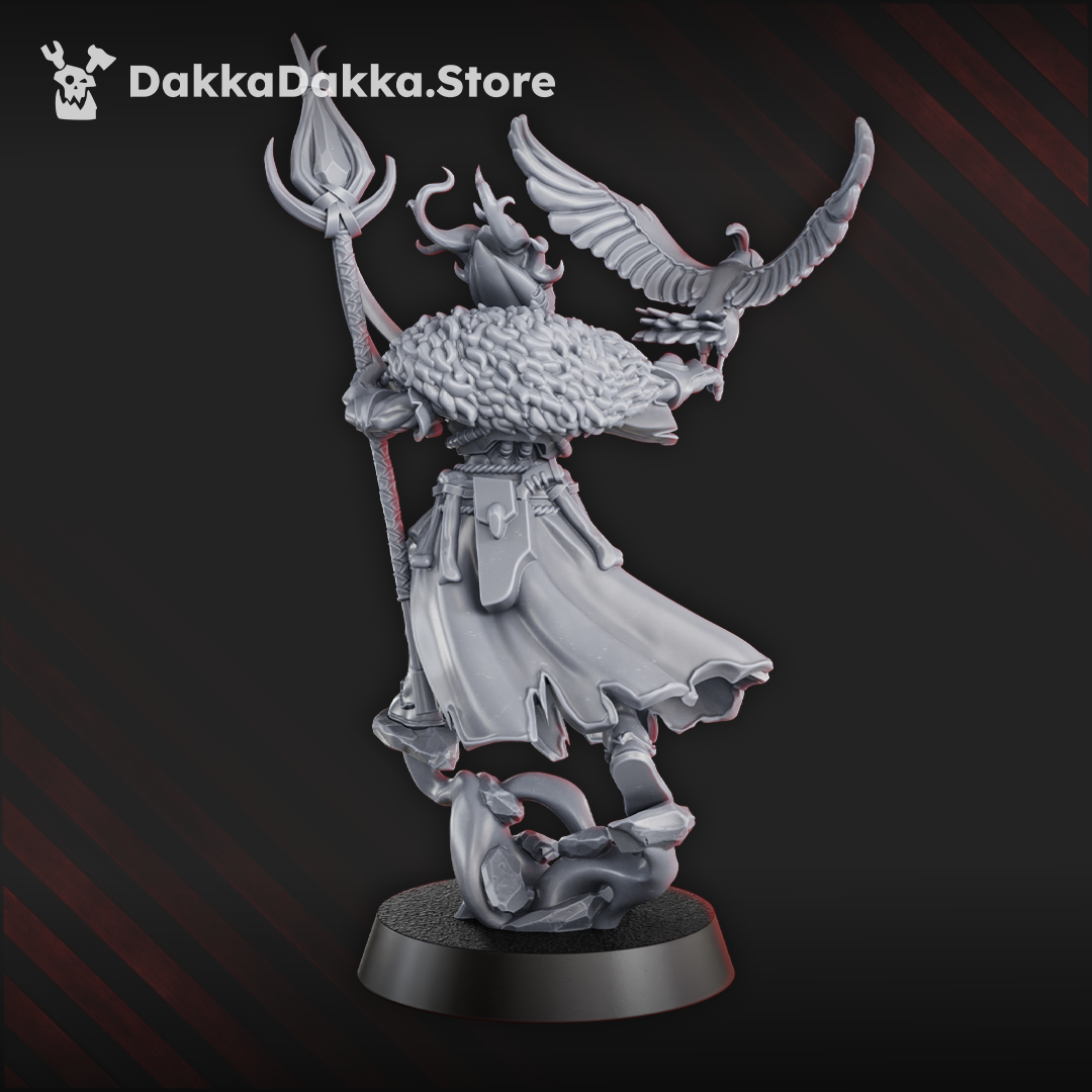 Gothic Sci-Fi Space Elf Warlock Zenu the Spirit Holder model with eagle and staff, 31mm from feet to eyes.