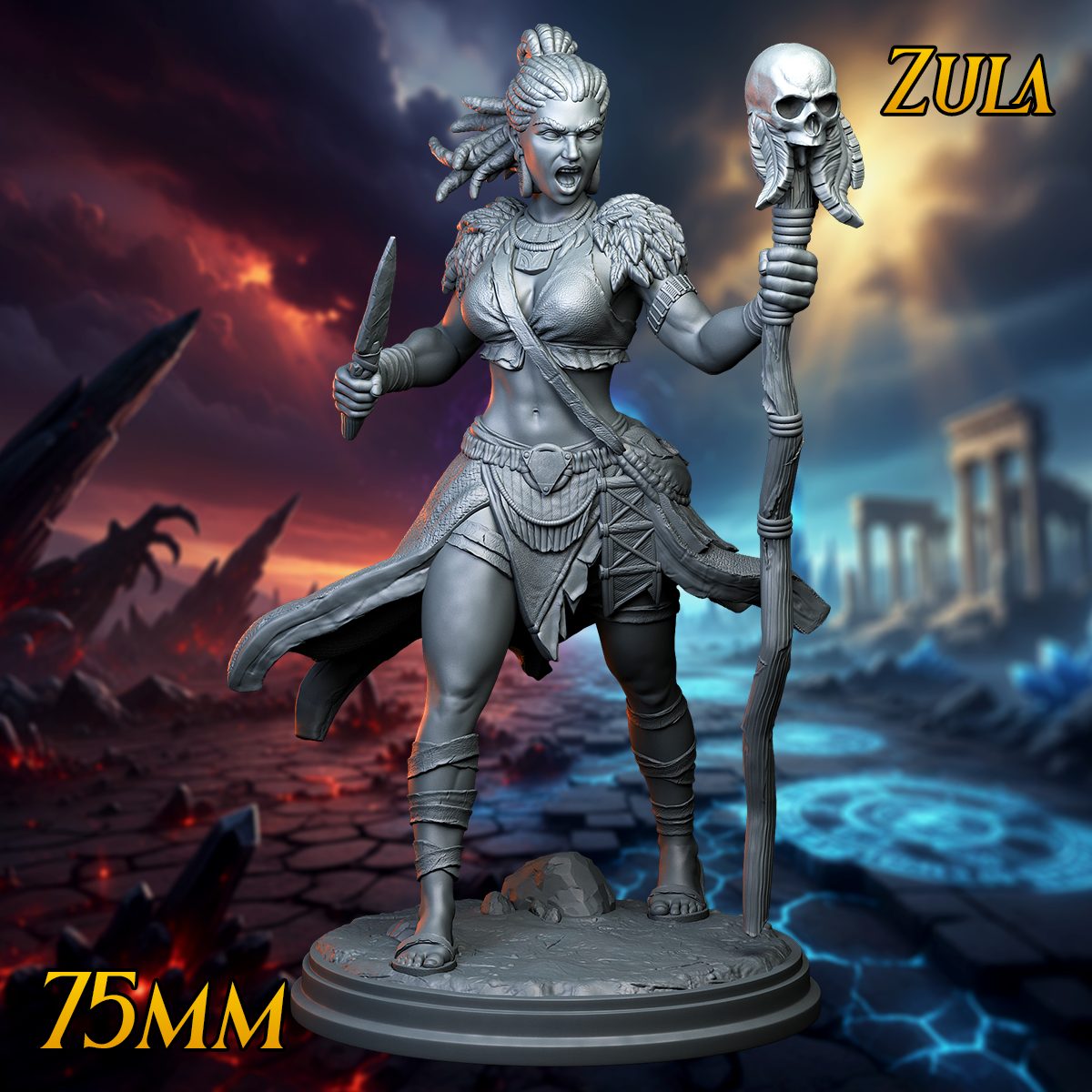 Zula 75mm tribal shaman warrior resin miniature by Print Fantasy, holding a skull staff and blade, front view