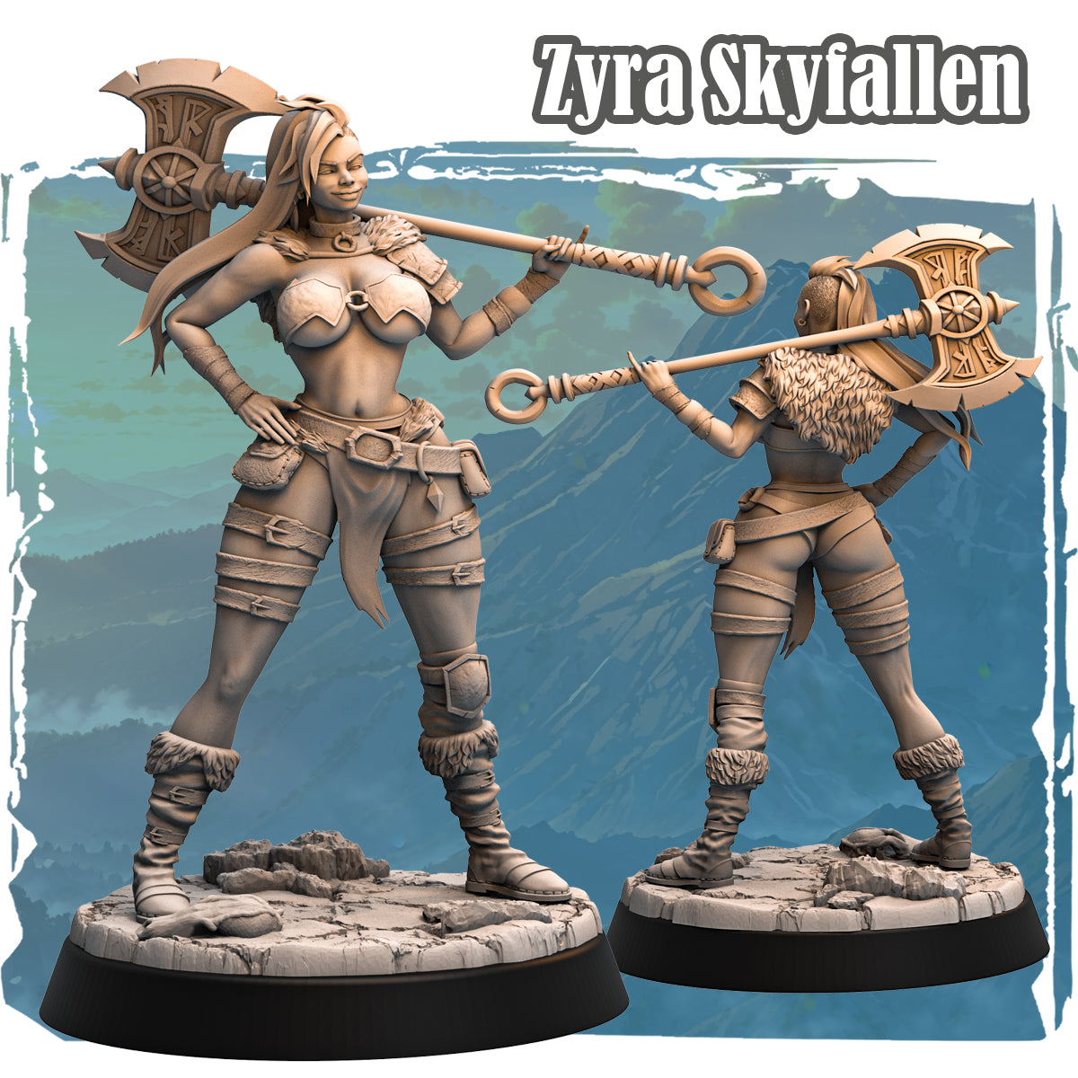Forgotten Champions Zyra Skyfallen Human Barbarian 32mm resin miniature with double-headed axe, front and rear view, sculpted by Haito