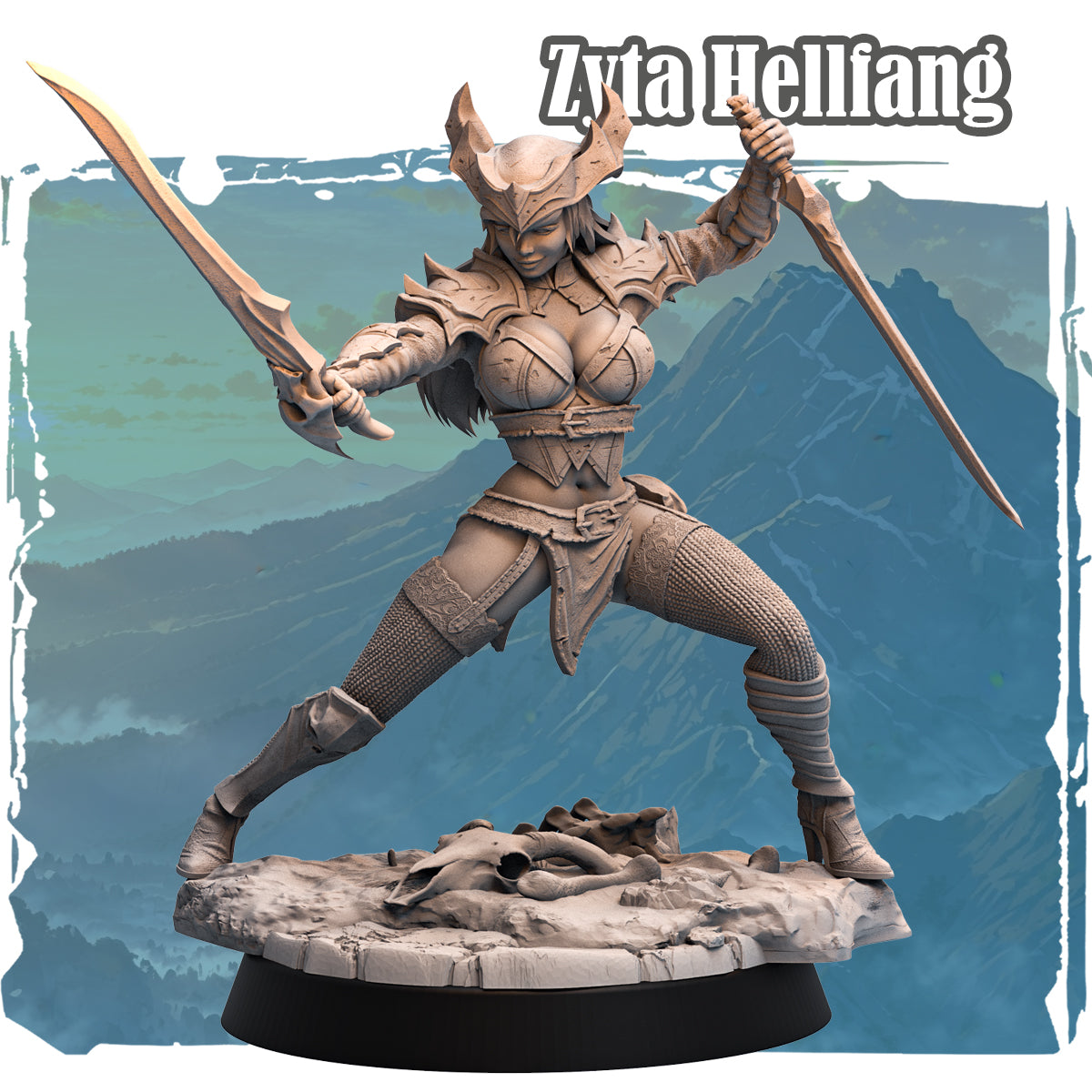 Forgotten Champions Zyta Hellfang Human Fighter dual wield resin miniature 32mm scale mercenary warrior with swords and scenic base