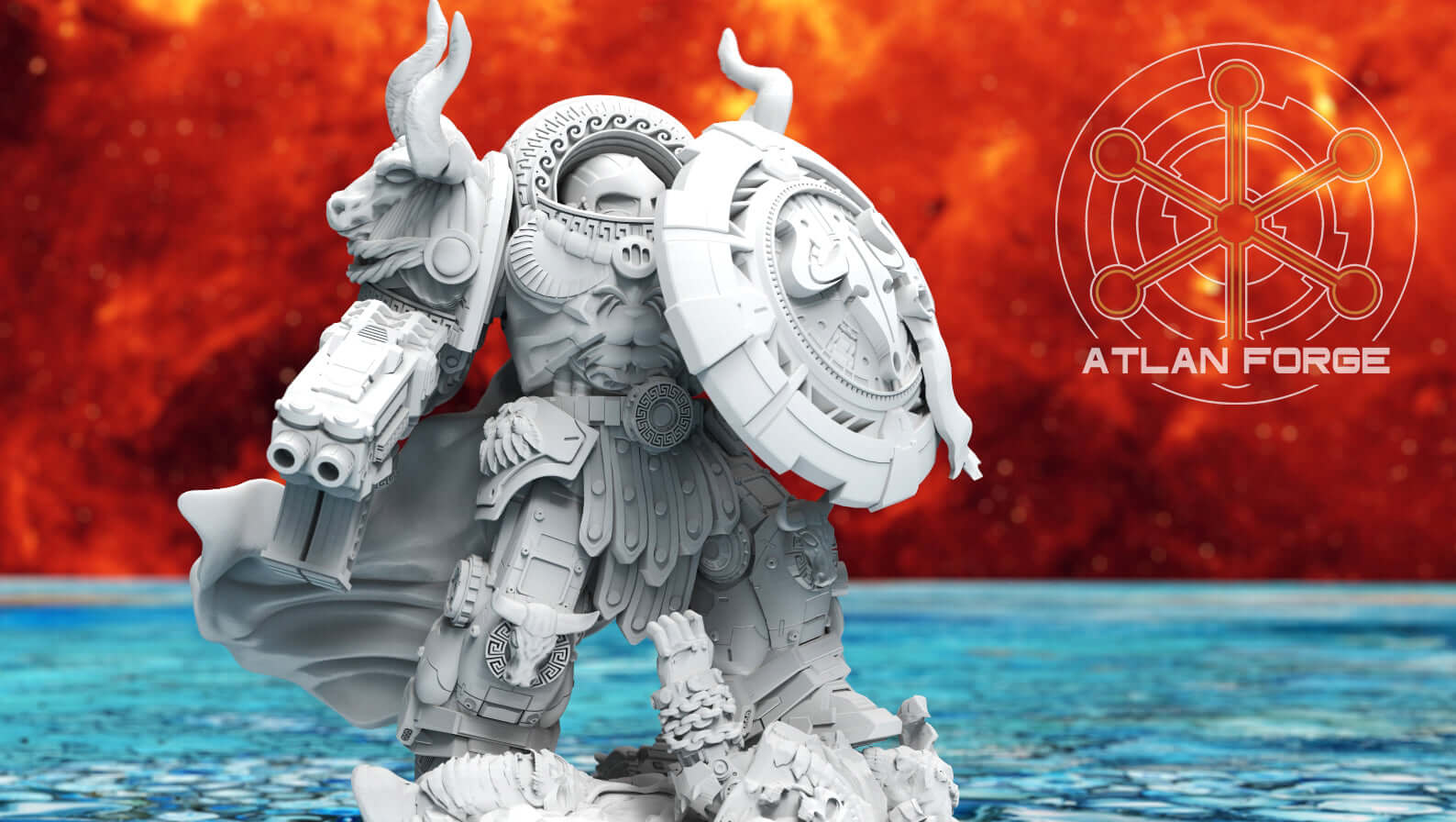 Minoan Myrmidon Captain – 32mm sci-fi warrior resin miniature with axe-spear and ornate shield