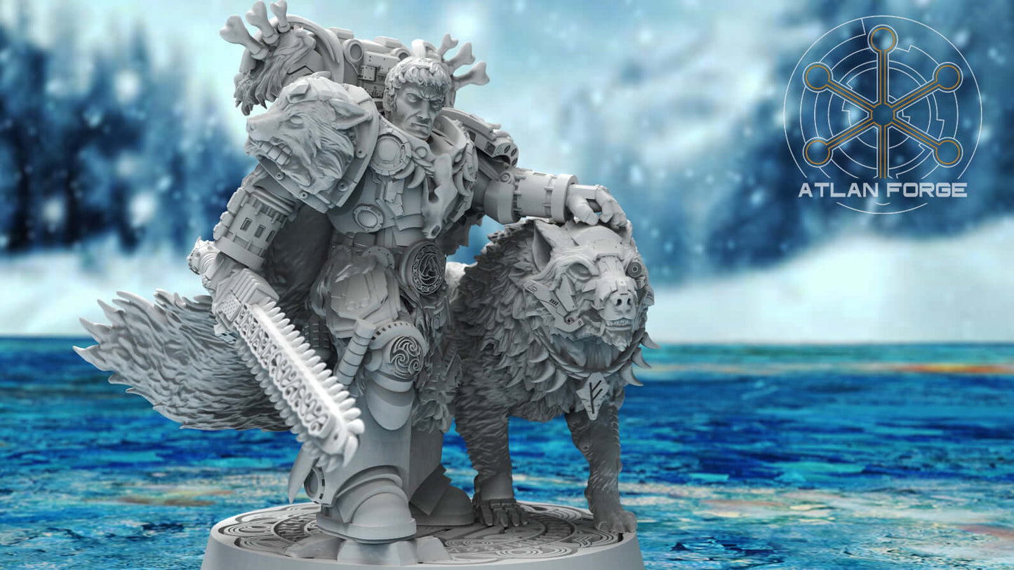 Asgardian Commander miniature with cybernetic wolf, designed by Atlan Forge, for sci-fi tabletop games.