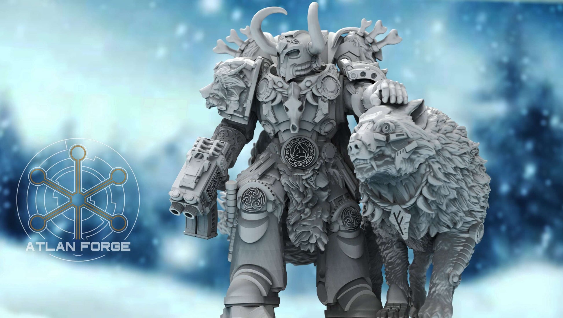 Asgardian Commander miniature with cybernetic wolf, designed by Atlan Forge for sci-fi wargaming, printed in grey resin.
