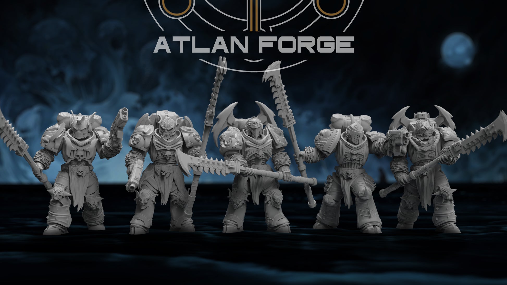 Nekramoroi Exsanguinators 32mm resin miniature squad of five grimdark chaos warriors by AtlanForge