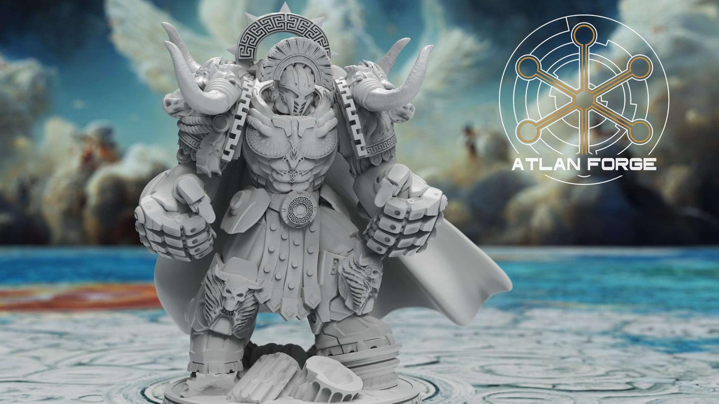 Minoan Aegis Captain resin miniature by AtlanForge showing modular bull-horned power armour hero with Greek key trim, cape, sword, shield, and spear weapon options