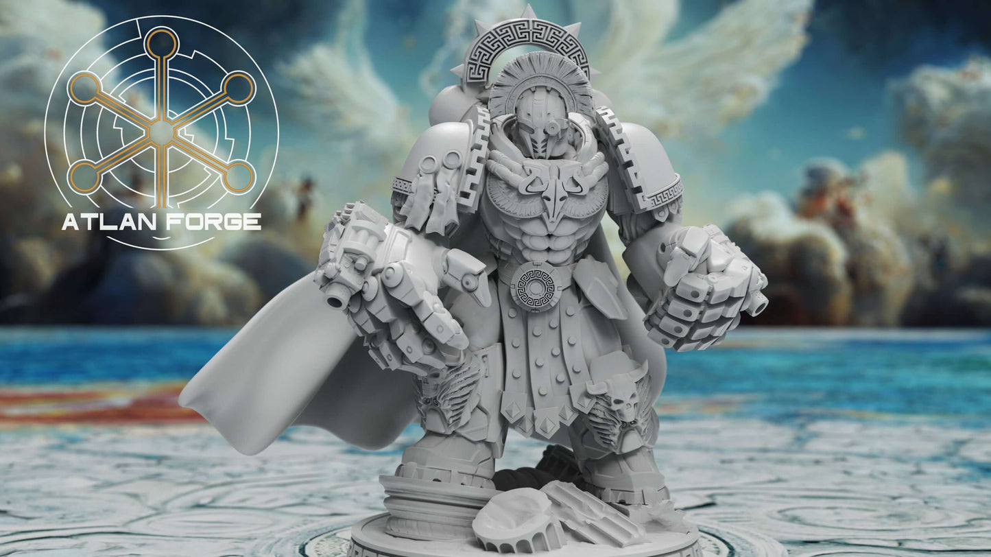  Minoan Aegis Captain resin miniature by AtlanForge showing modular bull-horned power armour hero with Greek key trim, cape, sword, shield, and spear weapon options