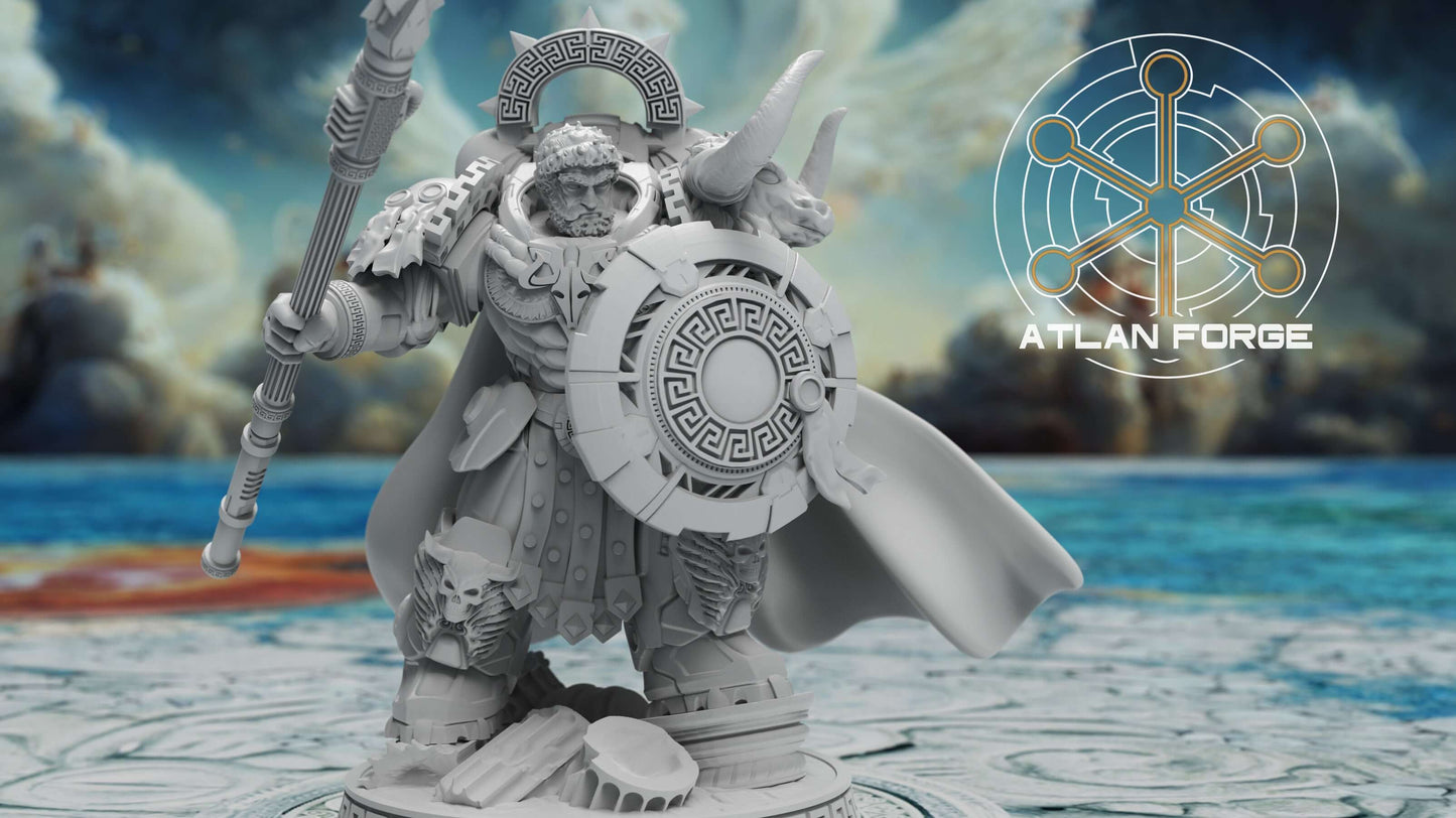  Minoan Aegis Captain resin miniature by AtlanForge showing modular bull-horned power armour hero with Greek key trim, cape, sword, shield, and spear weapon options