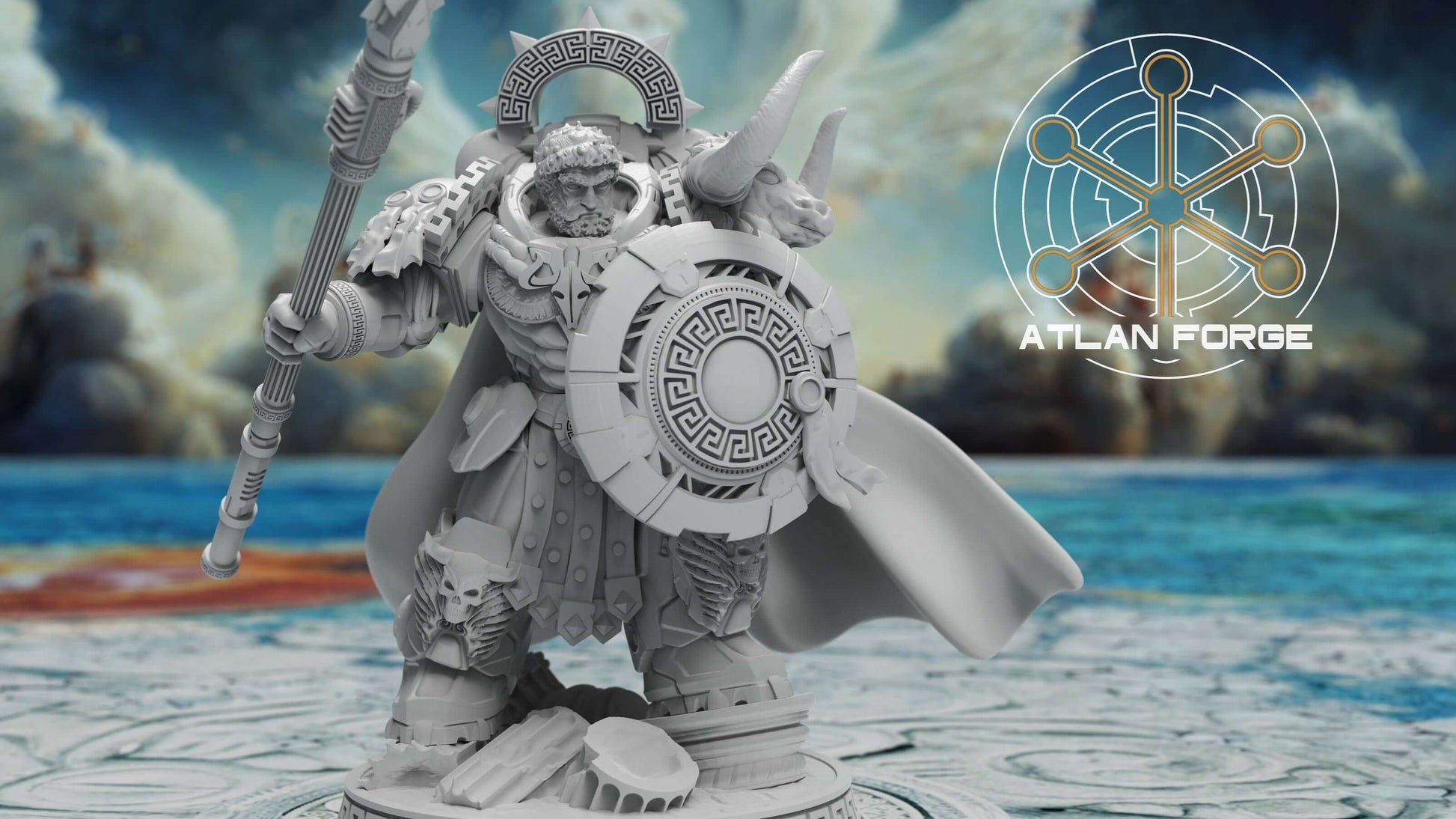  Minoan Aegis Captain resin miniature by AtlanForge showing modular bull-horned power armour hero with Greek key trim, cape, sword, shield, and spear weapon options