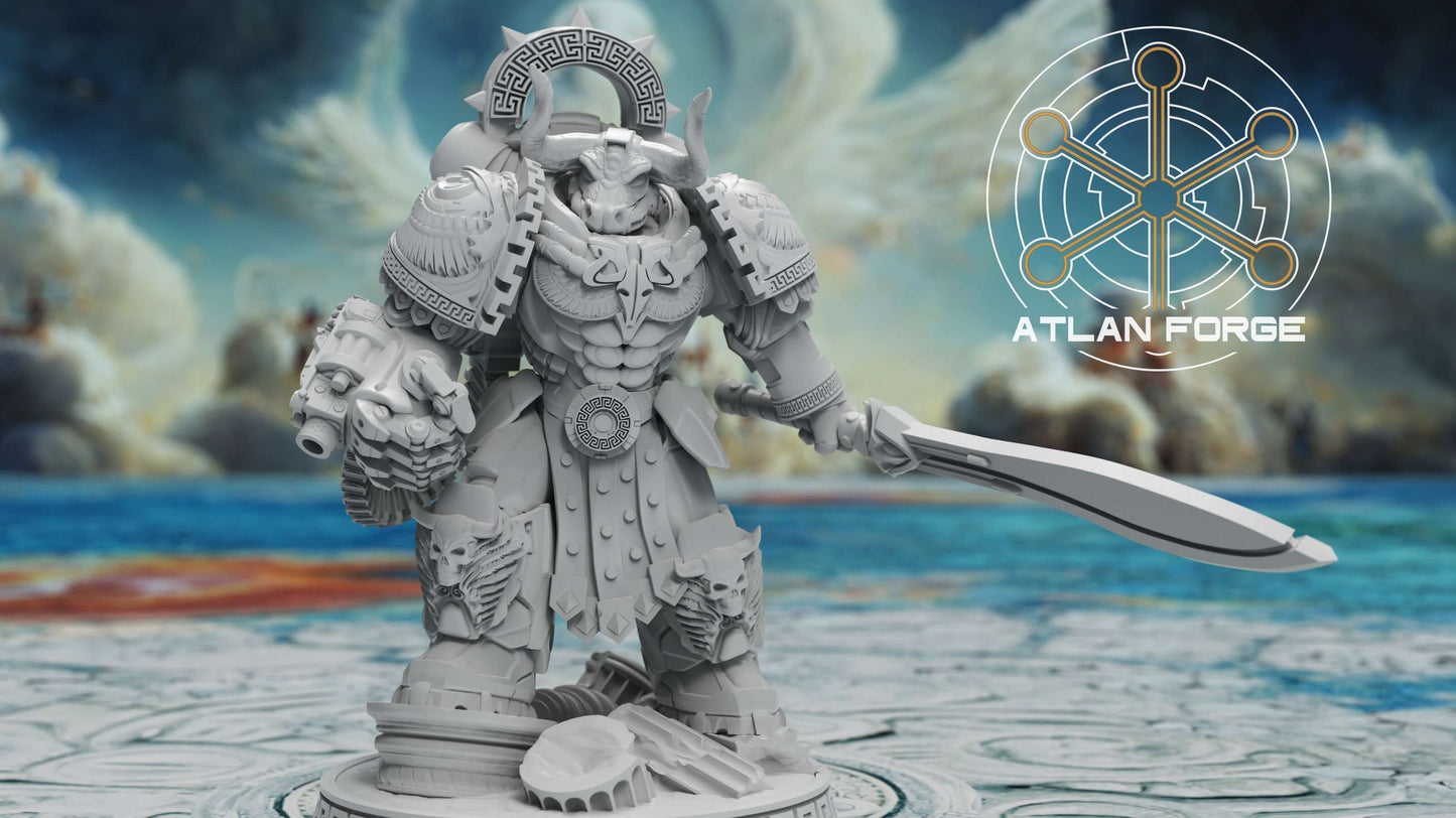  Minoan Aegis Captain resin miniature by AtlanForge showing modular bull-horned power armour hero with Greek key trim, cape, sword, shield, and spear weapon options