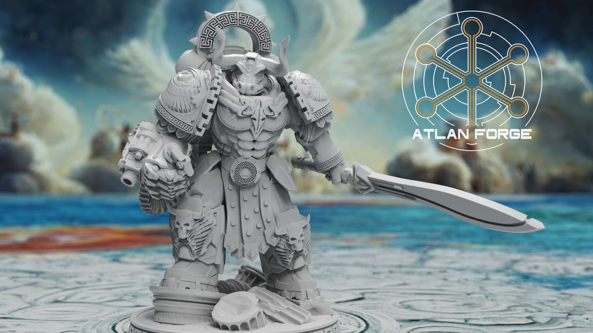  Minoan Aegis Captain resin miniature by AtlanForge showing modular bull-horned power armour hero with Greek key trim, cape, sword, shield, and spear weapon options