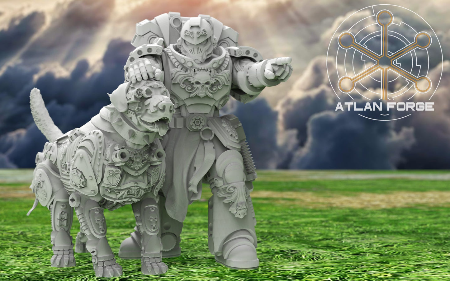 Dogs of War handler and cyber-armoured war hound, front view showing skull breastplate and baroque plating detail