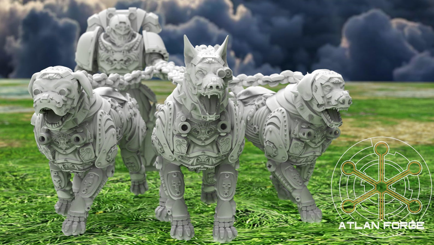 Full squad of three cyber-augmented war hounds with handler behind, front-facing group shot